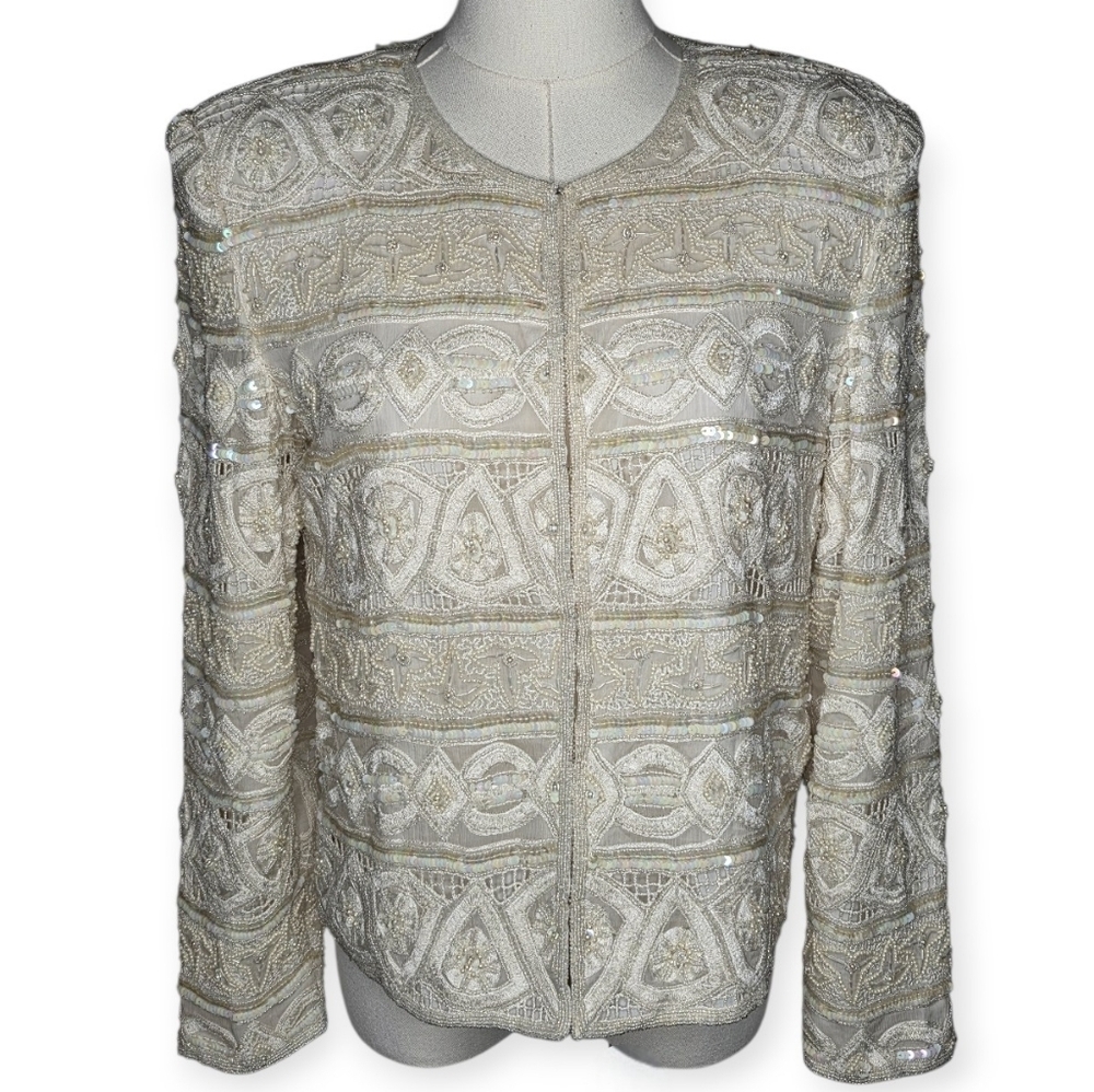 Vintage Scala Silk Beaded Sequin Jacket Ivory Small 80s 90s - Picture 2 of 15